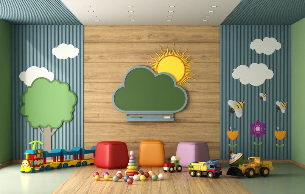 Aula infantil con materiales de colores preparada para una sesión formativa